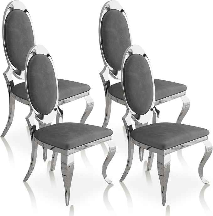 Modern Dining Chairs Set of 4, Luxury Velvet Upholstered Armless Dining Room Chair with Mirrored Stainless Steel Silver Legs, Mid Century Accent for Wedding Party Banquet Reception, Grey
