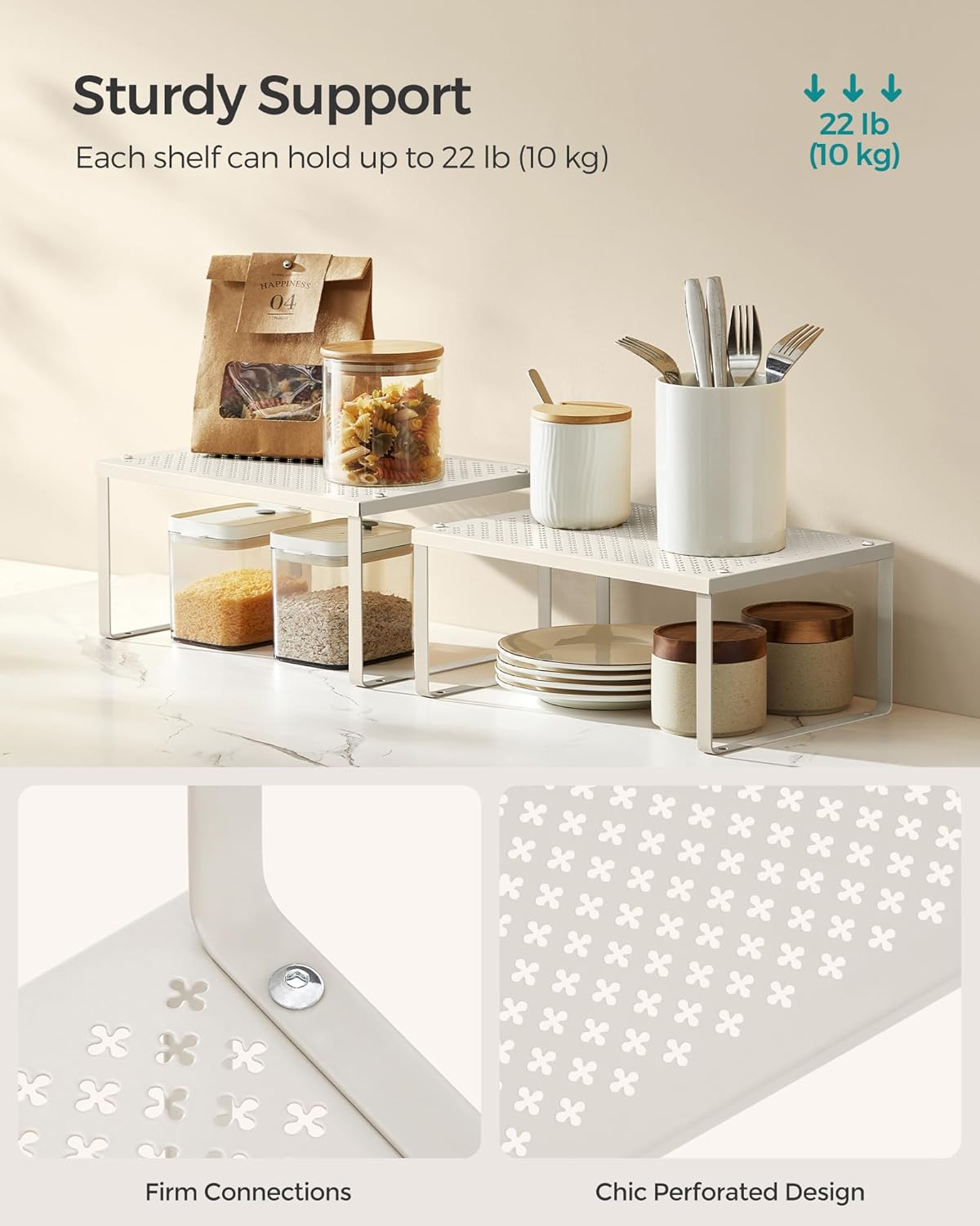 SONGMICS Spice Racks, Set of 2 Metal Cabinet Shelf Organizers, Countertop Organizers, Shelf Risers, Stackable, Expandable, Oatmeal Beige UKCS001K01