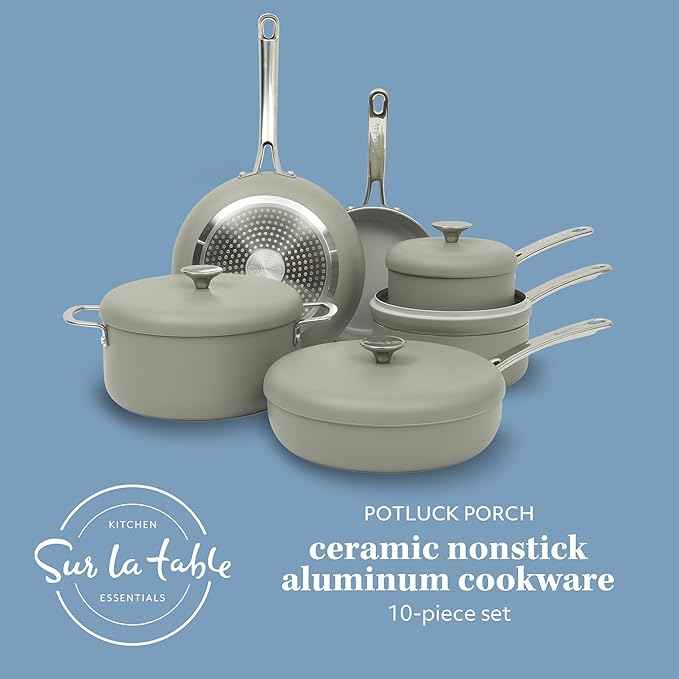 Sur La Table Kitchen Essentials Potluck Porch 10 Piece PFA Free Ceramic Non stick Interior Forged Aluminum Cookware Pots and Pans Set W/Aluminum Lids - Green - Induction Compatible
