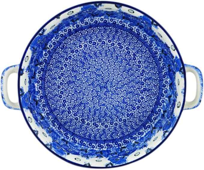 Polmedia Polish Pottery Round Baker with Handles 10-inch UNIKAT - Dancing In The Rain Pattern Handmade in Boleslawiec Poland by Ceramika Artystyczna + Certificate of Authenticity
