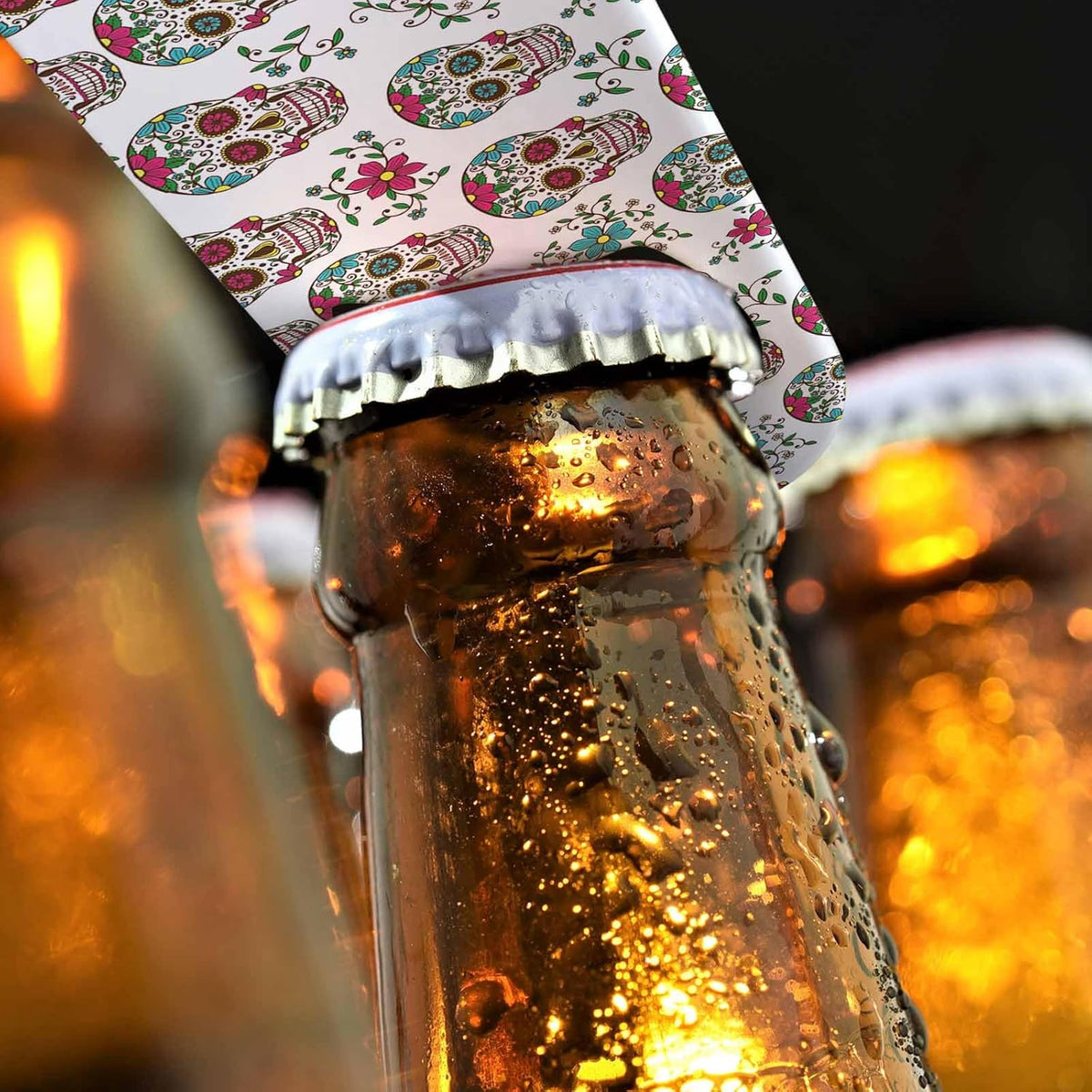 Sugar Skull Stainless Steel Bottle Opener Floral Skeleton Leaf and Flowers Mexico Day of The Dead Halloween Flat Beer Bottle Opener Keychain for Home Kitchen Bar Restaurant Party Birthday Gift