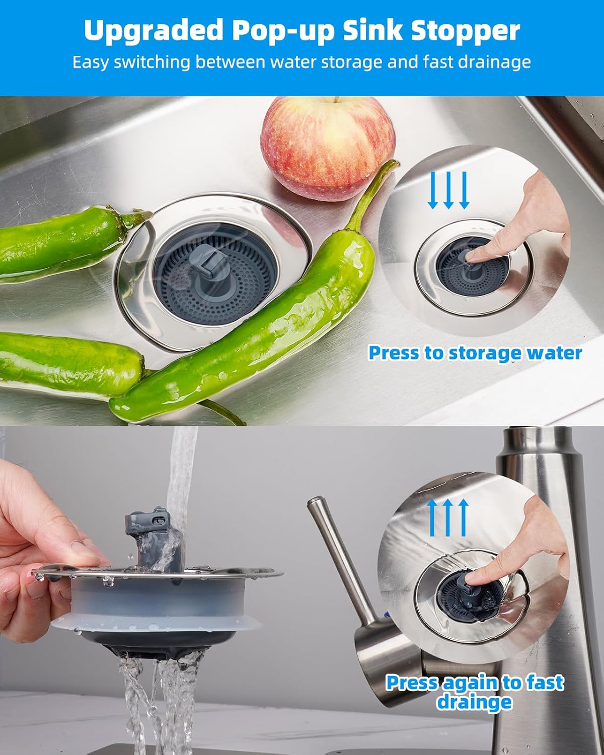 Hibbent 3 in 1 Kitchen Sink Drain Strainer and Stopper Combo, Chrome Stainless Steel Wraped Shell, 3 Anti-Clogging Basket Strainer with Foldable Handle for US Standard 3-1/2" Drain