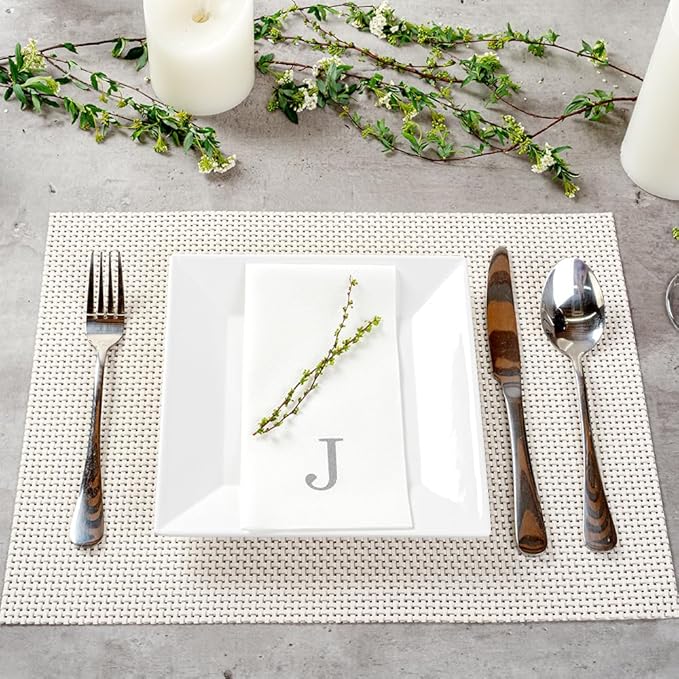 Luxenap 15.8 X 7.9 Inch Linen-Feel Guest Towels, 50 Lettered Hand Towels - Silver Letter 'J', Sans Serif Font, White Paper Dinner Napkins, airlaid, For Restrooms And Tables - Restaurantware