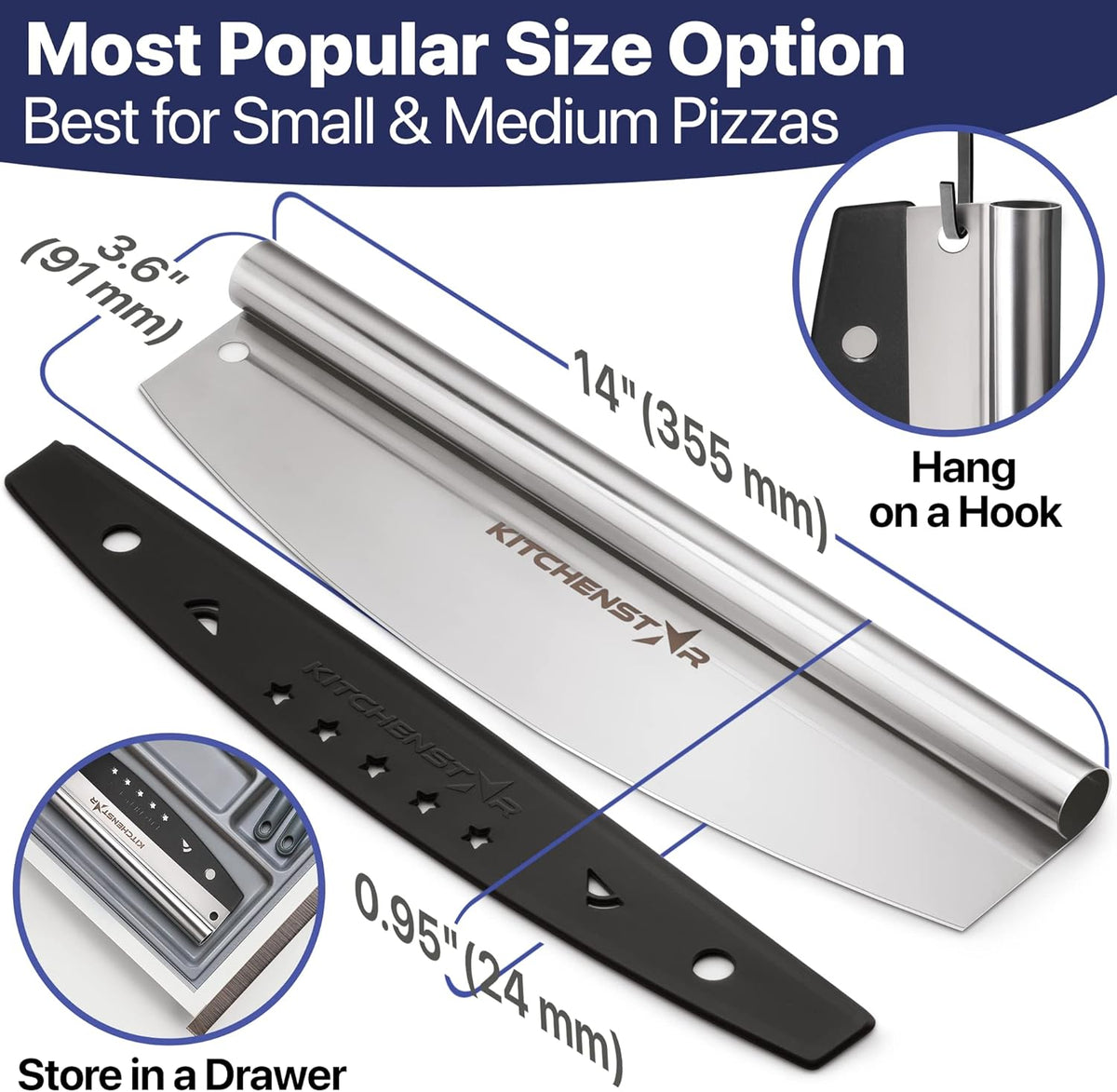 KitchenStar 14-Inch Pizza Cutter Rocker Blade - Sharp Stainless Steel Slicer Knife, Protective Cover, Dishwasher Safe, Large - Professional Pizza Oven Accessories - HomeSpice