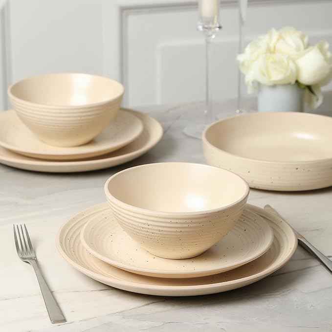Stone Lain Lauren Modern Stoneware 32-piece Round Dinnerware Set, Plates and Bowls Set, Dish set for 8, Beige