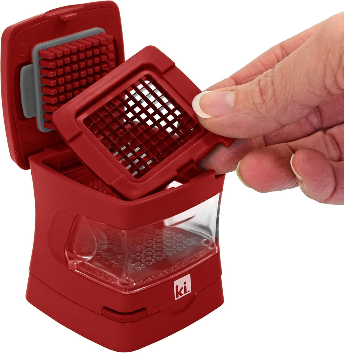 Garlic-A-Peel Garlic Press, Crusher, Cutter, Mincer, and Storage Container - Includes Silicone Garlic Peeler - Easy to Clean - Stainless Steel Blades – (Red), standard - HomeSpice