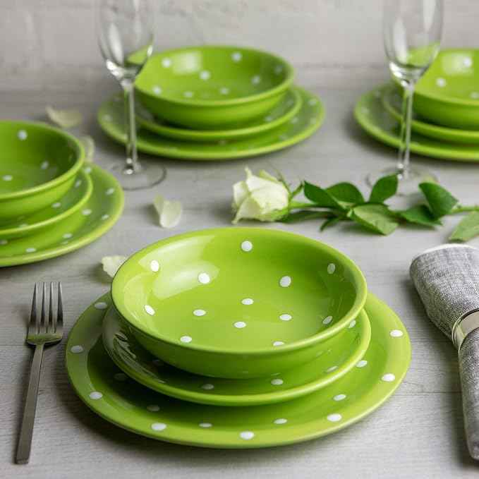 Handmade Lime Green and White Polka Dot Ceramic 12 piece Dinnerware Set | Pottery Tableware Service for 4 | Dinner Plates | Side Plates | Bowls | Housewarming Gift by City to Cottage®