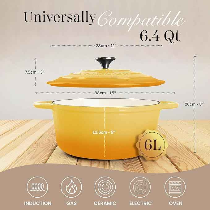 Nuovva Enamelled Cast Iron Dutch Oven Pot with Lid 6.4 Quart Non Stick Casserole Pot – Heavy Duty & Oven Safe up to 500° F for Bread Baking, Braising, Stews, Roasting – 28cm Yellow