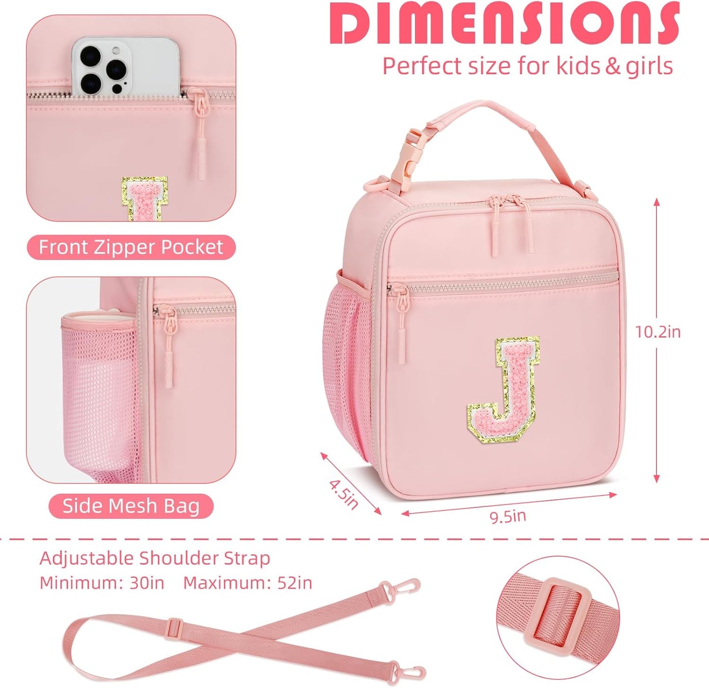 Initial Insulated Lunch Bag for Girls Kids, Back to School Gift, Reusable Leak-proof Lunch Box with Adjustable Strap for School Daycare Travel Picnic (Pink,J)