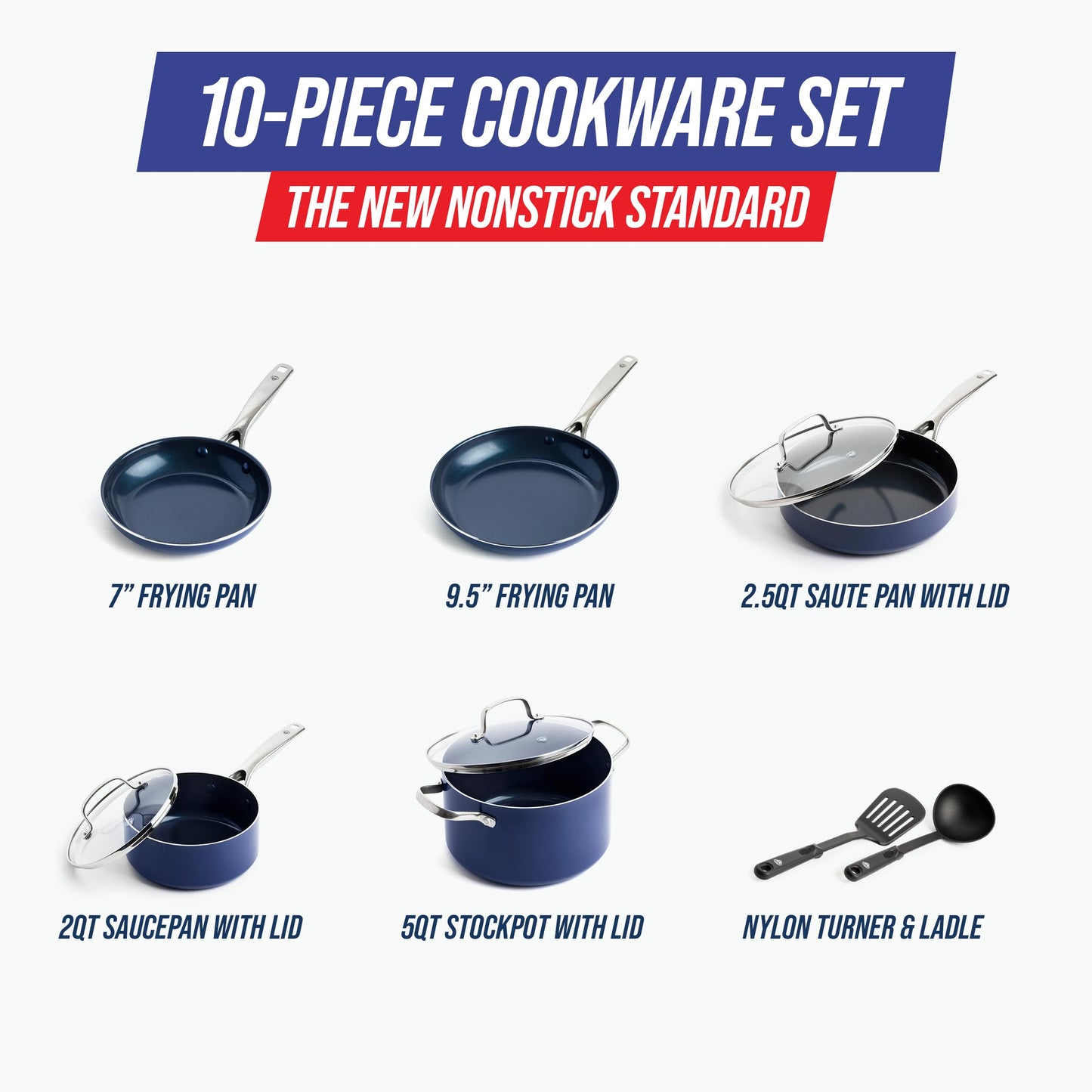 10 Piece Ceramic Nonstick Cookware Pots & Pans Set (10 Piece Cookware Set / Blue)