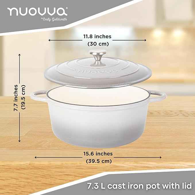 Cast Iron Dutch Oven with Lid – Non-Stick Ovenproof Enamelled Casserole Pot – Sturdy Dutch Oven Cookware – Grey, 7.3-Quart, 30cm – by Nuovva