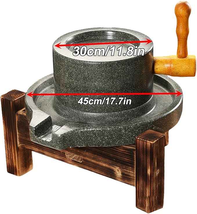 Handmade Stone Mill Grinder 22cm/8.7in with Wooden Base - Easy to Clean, Perfect for Grinding Wheat, Rice, Almonds - tial Classic Kitchen Tool
