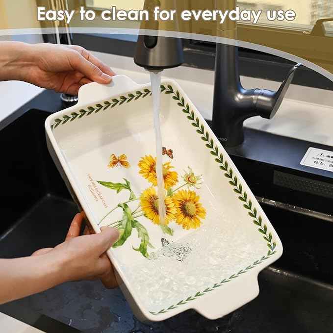 ACMLIFE Ceramic Casserole Dish Set, Ceramic Baking Dish for Oven, Casserole Dish Bakeware Set, Casserole Dishes for Oven, Lasagna Pan, Large Baking Dishes with Handles, Microwave, Dishwasher Safe, Gift Packaging Floral 2 Pcs Set(13"x8"+10.3"x6.3") (Sun...