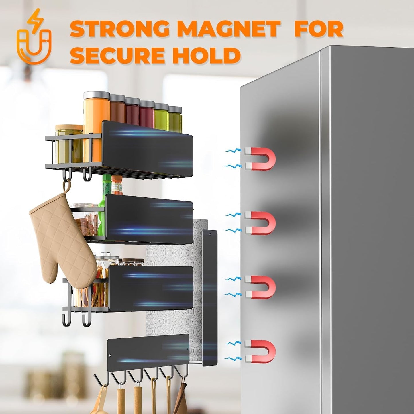 5 Pack Multifunctional Magnetic Shelves for Refrigerator Spice Rack & Washing Machine Organize, Include Paper Towel Holder, Kitchen Utensil Hanger and Hooks, Strong Magnet for Secure Hold (Black)