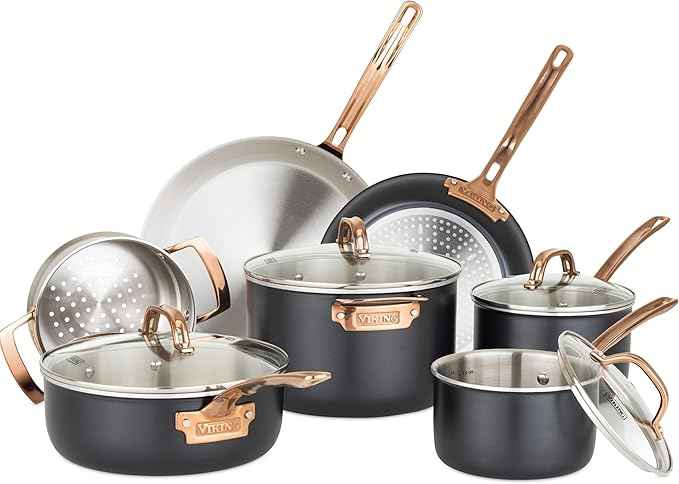 Viking 3 Ply Pots and Pans Set, 11 Piece Stainless Steel Kitchen Cookware with Glass Lids, Black with Copper