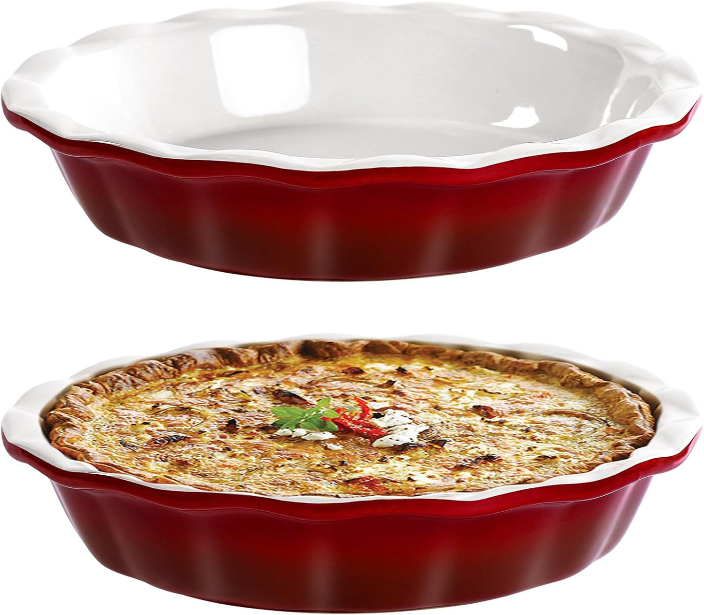 Lareina Pie Pans for Baking, Ceramic 9 Inch Deep Pie Dish with Rippled Edge for Apple Pie, Pecan Pie, Colorful and Durable Pie Plate, Christmas Gifts for Women, Set of 2, Red - HomeSpice