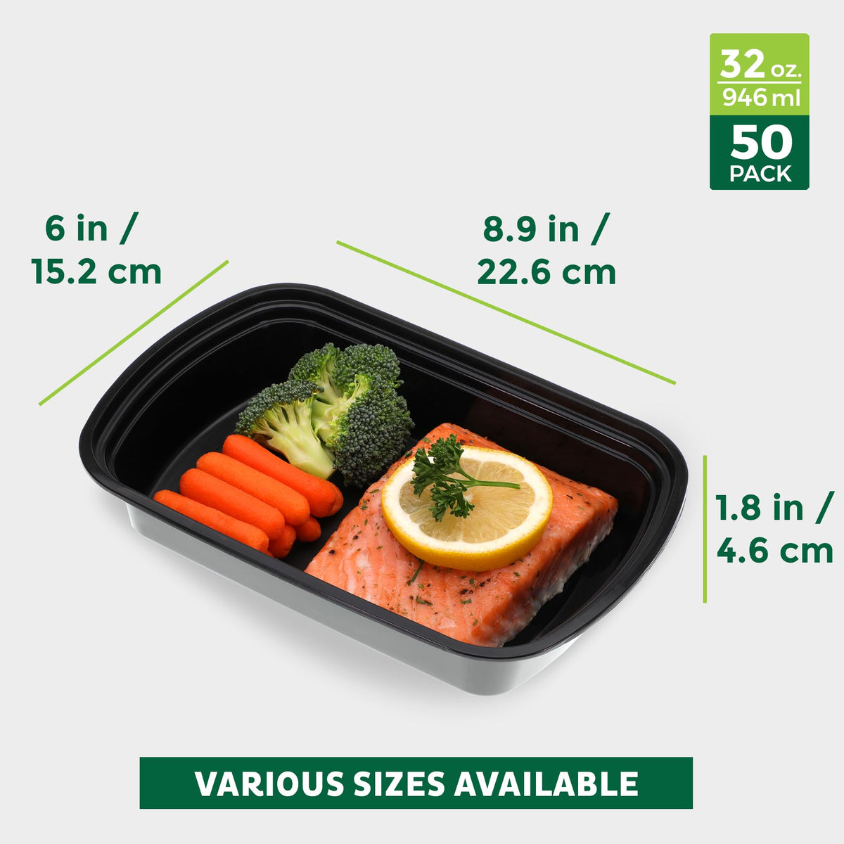 Meal Prep Containers [50 Pack] 1 Compartment with Lids (Black / 32OZ-50PK)