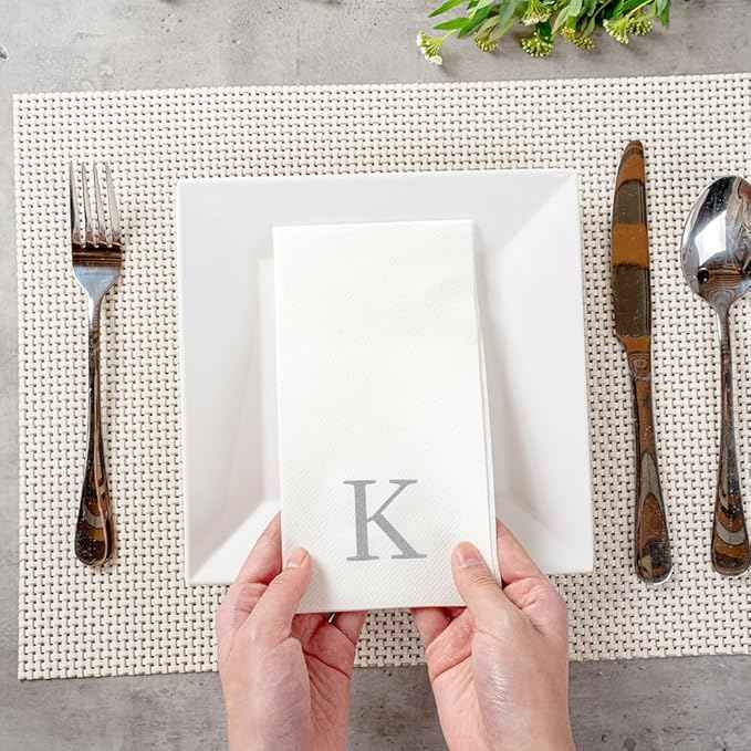 Luxenap 15.8 X 7.9 Inch Linen-Feel Guest Towels, 50 Lettered Hand Towels - Silver Letter 'K', Sans Serif Font, White Paper Dinner Napkins, airlaid, For Restrooms And Tables - Restaurantware