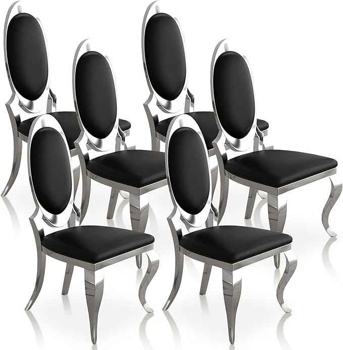 Modern Dining Chairs Set of 6, Luxury Faux Leather Upholstered Armless Dining Room Chair with Mirrored Stainless Steel Silver Legs, Mid Century Accent for Wedding Party Banquet Reception, Black