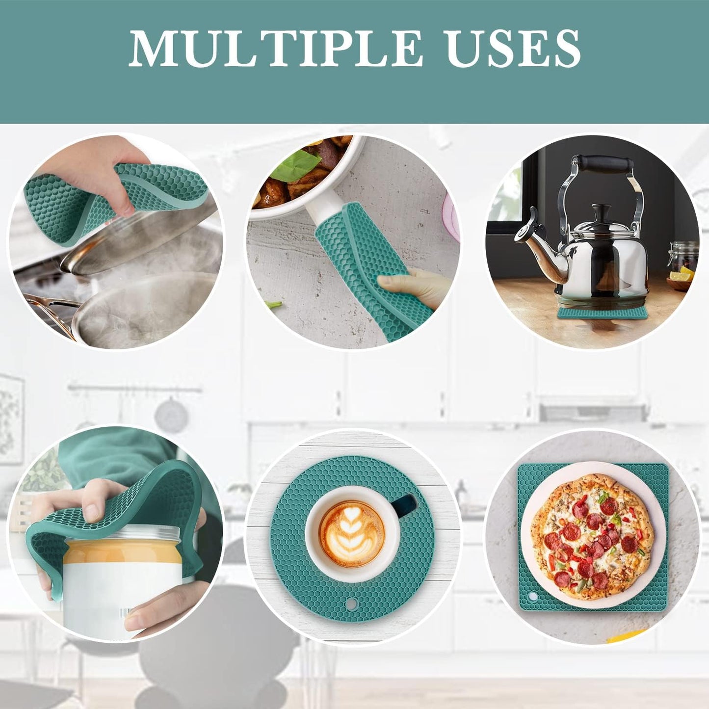 4 Pack Silicone Trivets for Hot Dishes, Dark Green Silicone Hot Pads Trivet for Hot Pots and Pans, 4 PCS Heat Resistant Silicone Mats Pot Holders for Kitchen Counter, Large Coasters & Jar Opener