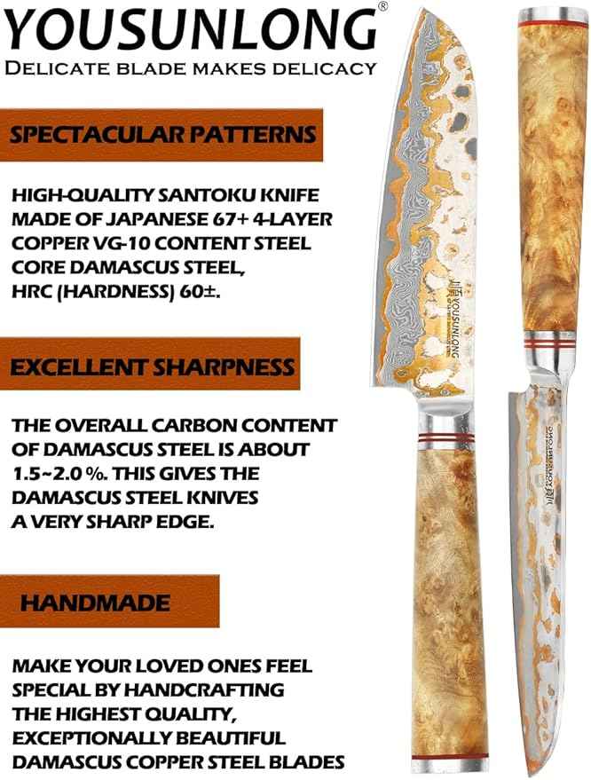 YOUSUNLONG Santoku Knife 5 Inch - Handmade Japanese Chef's Knife Copper Damascus Steel Blade - Ultra Sharp Asian Knife - Natural Walnut Wooden Handle with Acacia Wood Box