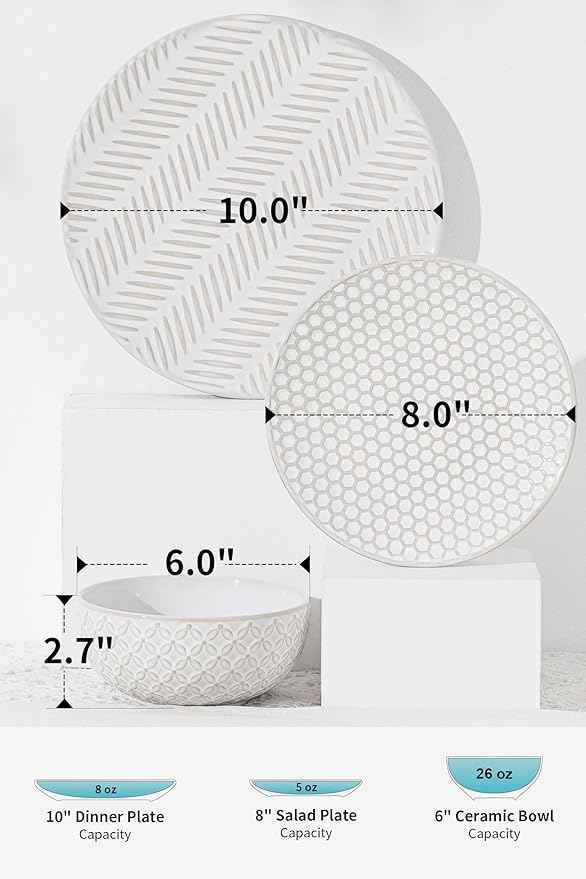 18 Piece Embossed Dinnerware Sets for 6, Scratch-Resistant Plates and Bowls Sets, Microwave & Dishwasher Safe, Elegant Stoneware for Family Gatherings – A Gift for Growing Households