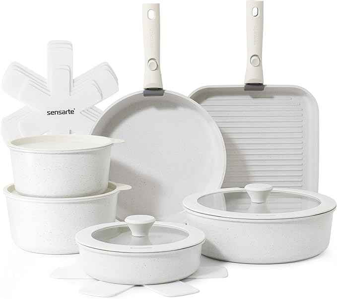 SENSARTE 17 Piece Pots and Pans Set, Nonstick Detachable Handle Cookware Set, Induction Kitchen Cookware Set with Removable Handle, Healthy Non Stick for RV, Dishwasher ＆ Oven Safe, PFOA Free (White)