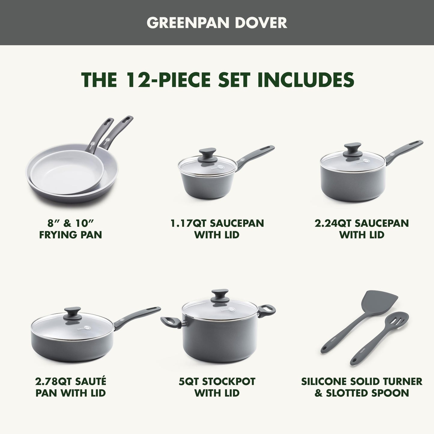 Dover Healthy Ceramic Nonstick (12 Piece Cookware Set / Gray)