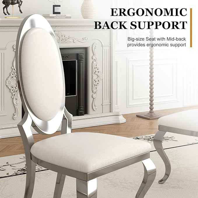 Modern Dining Chairs Set of 6, Luxury Faux Leather Upholstered Armless Dining Room Chair with Mirrored Stainless Steel Silver Legs, Mid Century Accent for Wedding Party Banquet Reception, White