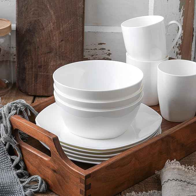 Stone Lain Bone China Soft Square 16 Piece Dinnerware Set, White
