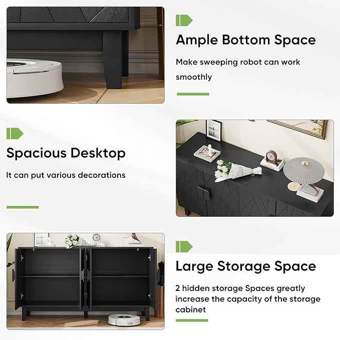 Modern Black 4-Door Sideboard Buffet Cabinet with Geometric Wood Doors | Adjustable Shelves, Large Console Table for Dining Room, Kitchen, and Living Room (55 inches)