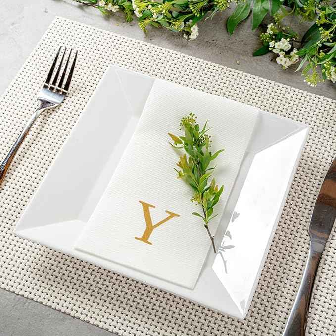 Luxenap 15.8 X 7.9 Inch Linen-Feel Guest Towels, 50 Lettered Hand Towels - Gold Letter 'Y', Sans Serif Font, White Paper Dinner Napkins, airlaid, For Restrooms And Tables - Restaurantware