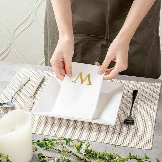 Luxenap 15.8 X 7.9 Inch Linen-Feel Guest Towels, 50 Lettered Hand Towels - Gold Letter 'W', Sans Serif Font, White Paper Dinner Napkins, airlaid, For Restrooms And Tables