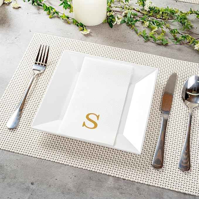 Luxenap 15.8 X 7.9 Inch Linen-Feel Guest Towels, 50 Lettered Hand Towels - Gold Letter 'S', Sans Serif Font, White Paper Dinner Napkins, airlaid, For Restrooms And Tables