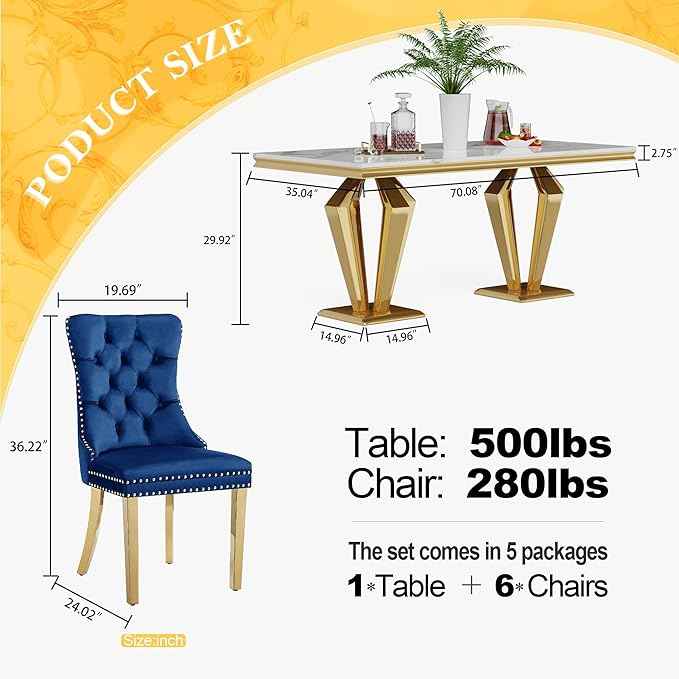 7 Piece Luxury Dining Room Set, Modern Dining Table and Upholstered Chairs Set, Marble Kitchen Table Set for 6, Big Kitchen Dinner Tables Kit with Silver Base
