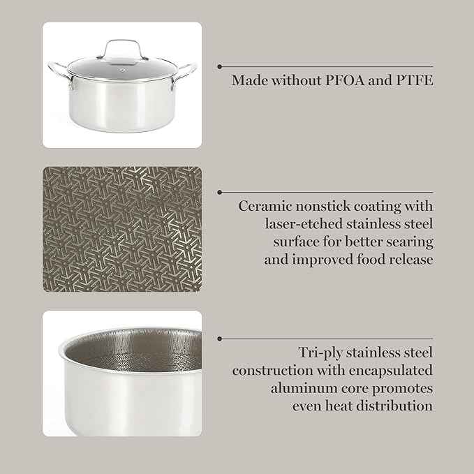 Martha Stewart Badgley Hybrid Nonstick 10 Piece TriPly Stainless Steel Pots and Pans Non-Toxic Kitchen Cookware Set - Laser Etched Perfect Sear Nonstick W/Stay Cool Handle Dishwasher & Induction Safe