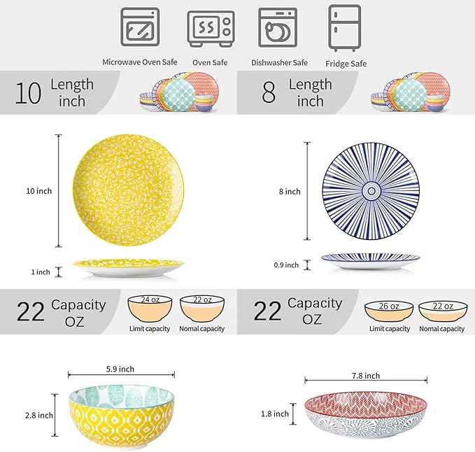 Selamica Ceramic Dinnerware Sets, 16 Pieces Dishes Set for 4, Scratch Resistant Plates and Bowls Sets, Dishwasher & Microwave Safe, Assorted Colors