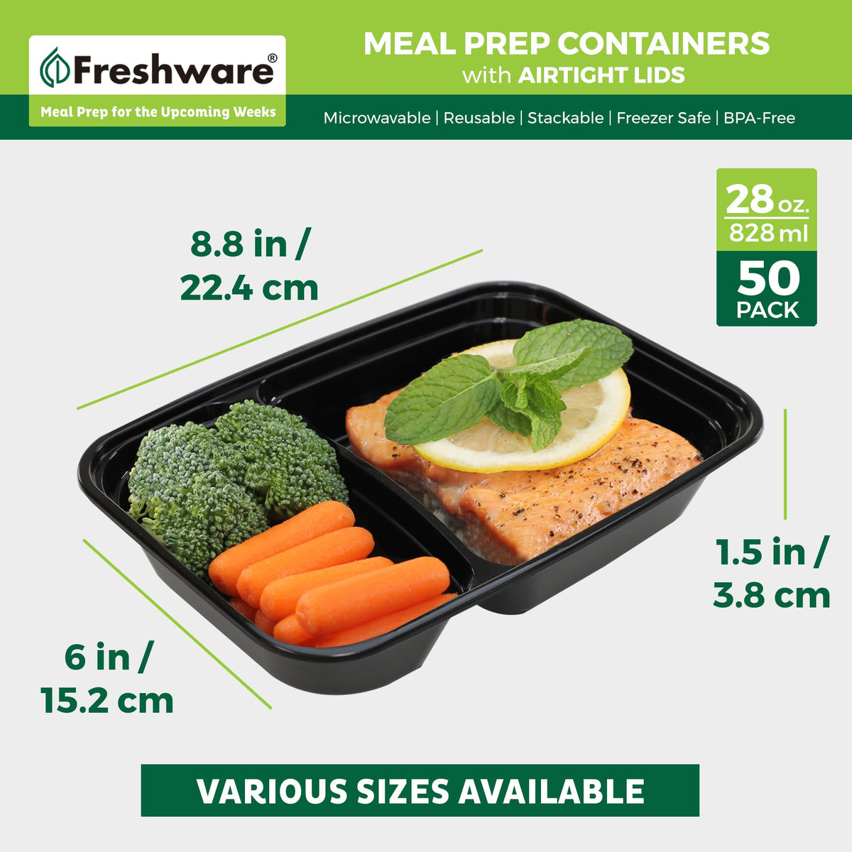 Meal Prep Containers [50 Pack] 2 Compartment with Lids (2-COMP_50PK)