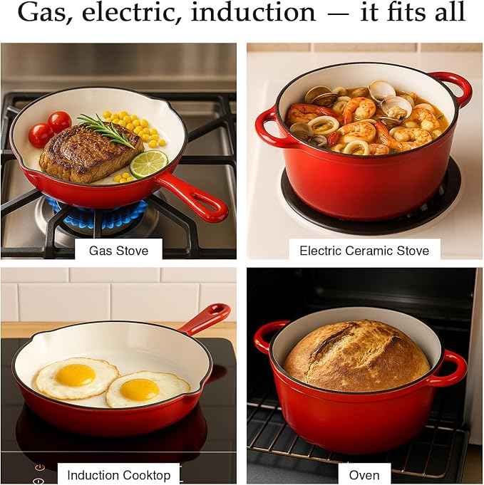 QuliMetal Nonstick Enameled Cast Iron Cookware Set, 4-Piece Pots and Pans Set with Lids, Dutch Oven for Sourdough Bread Baking, Oven Safe up to 500°F, Compatible with All Stovetops