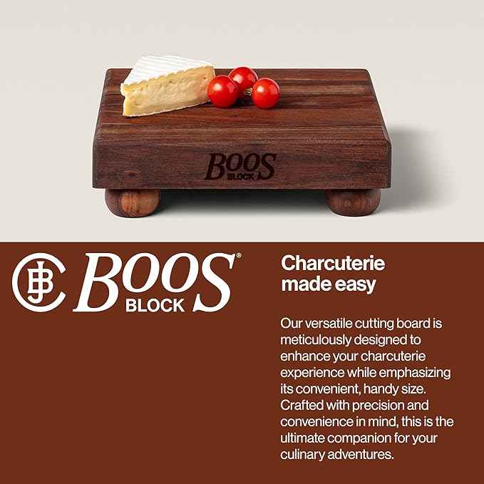 John Boos B Series Square Wooden Walnut Cutting Board 9”x9” – 1.5” Thick, 3-lb Non-Reversible Butcher Block with Wood Bun Feet & Edge-Grain