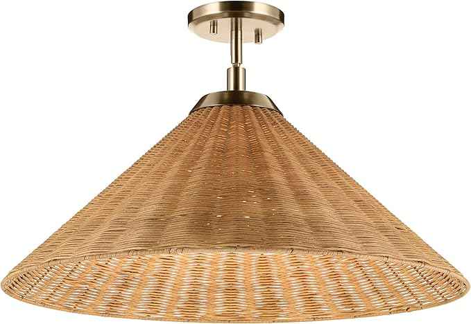 KICHLER Bekah 1-Light Convertible Pendant, Boho Light with Opal Glass and Handwoven Rattan Shade in Champagne Bronze, Sloped Ceiling Compatible, for Dining or Living Room (11.75" x 24.25"), 52730CPZ