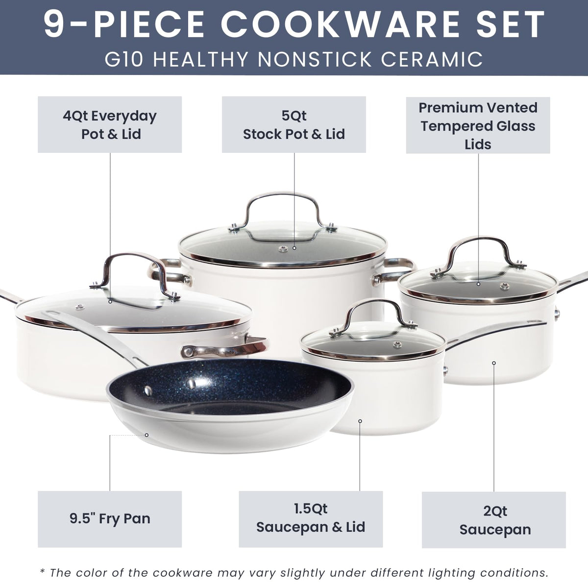 Healthy Duralon Blue Ceramic Nonstick Coated 9pc Cookware Set (9 PC / Vanilla Cream)