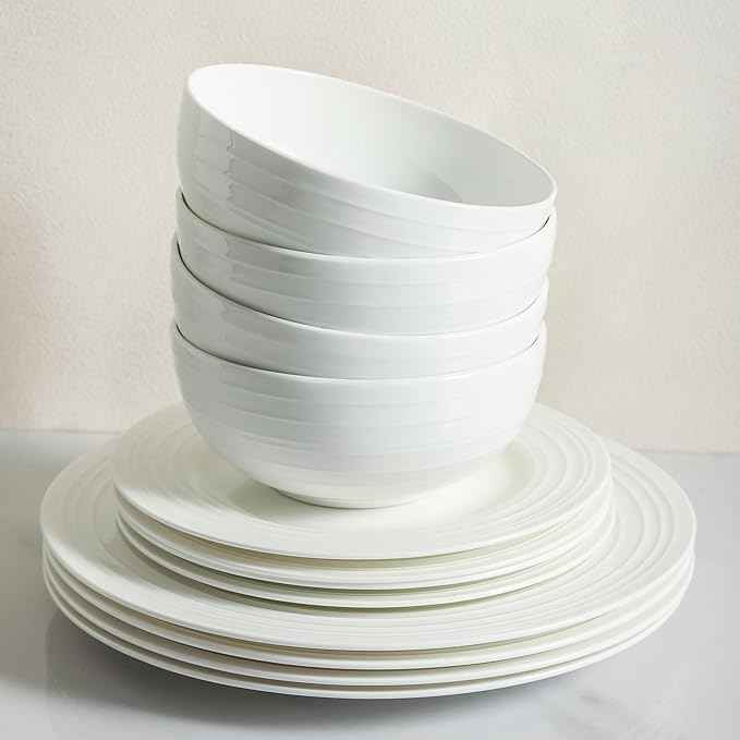Stone Lain Eleanor Bone China 16 Piece Dinnerware, Plates and Bowls for 4, White Dish Collection with Mugs, Elegant Swirl Design, Microwave & Dishwasher Safe
