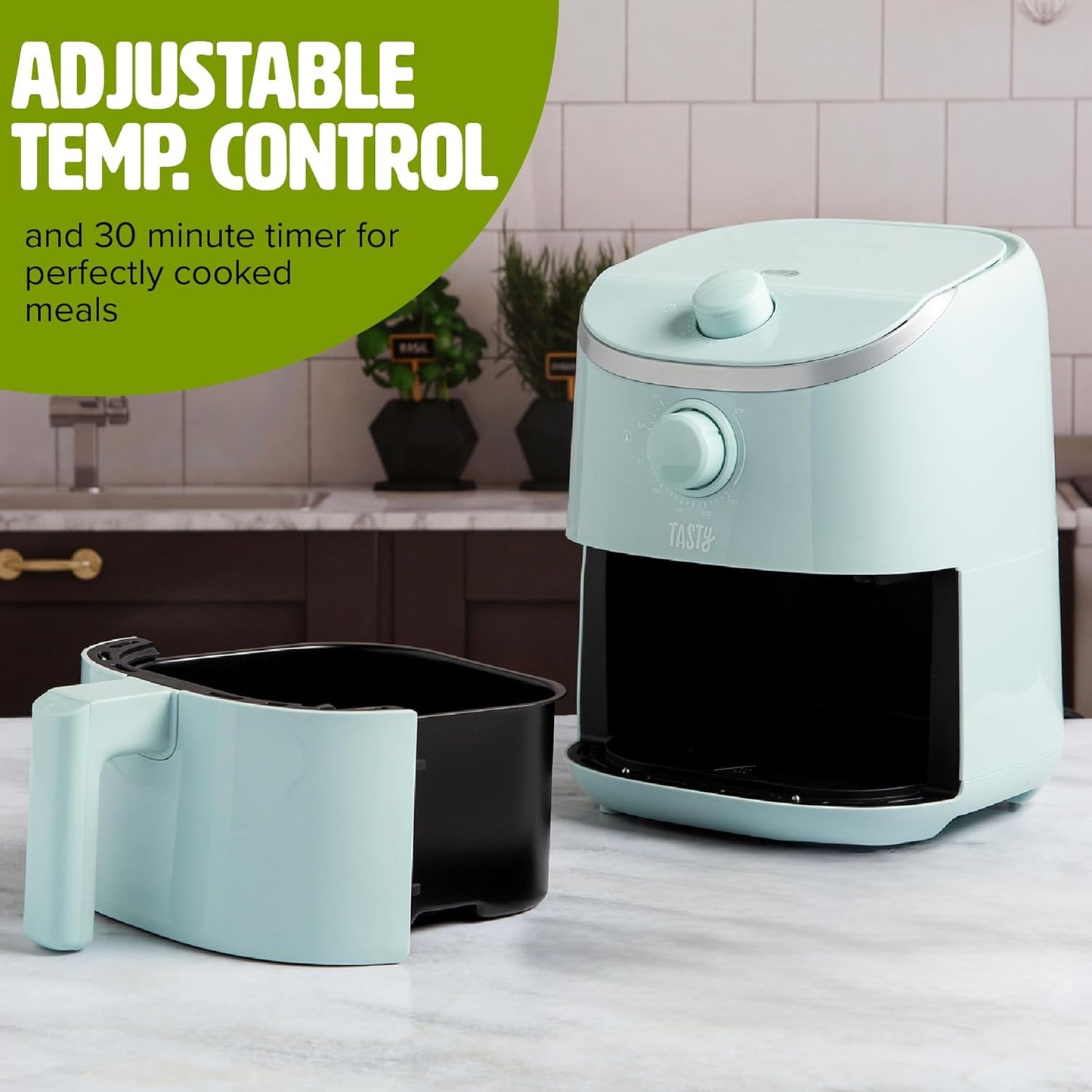 Tasty Personal Air Fryer, Healthier Meals in Minutes, Adjustable Temp Control up to 400°F, Easy-to-Use Design, Nonstick Basket and Tray Made without PFAS, PFOA, PFOS & PTFE, 900 Watts, 2-Quart, Aqua