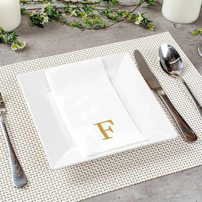 Luxenap 15.8 X 7.9 Inch Linen-Feel Guest Towels, 2000 Lettered Hand Towels - Gold Letter 'F', Sans Serif Font, White Paper Dinner Napkins, airlaid, For Restrooms And Tables - Restaurantware
