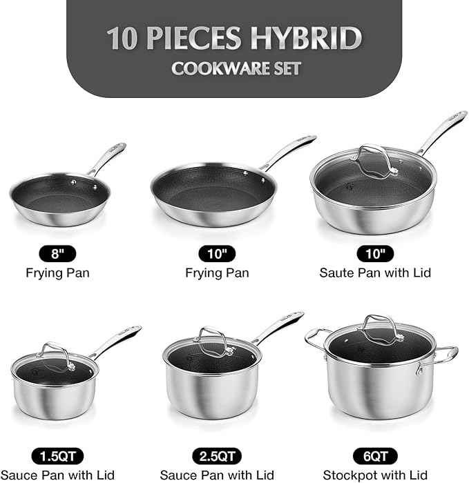 KOCH SYSTEME CS Triply Stainless Steel Cookware Set 10PCS, Nonstick Hybrid Pots and Pans Set, Nontoxic Kitchen Cookware Set with Honeycomb Interior, Pots and Pans Set Non Stick, Induction Compatible