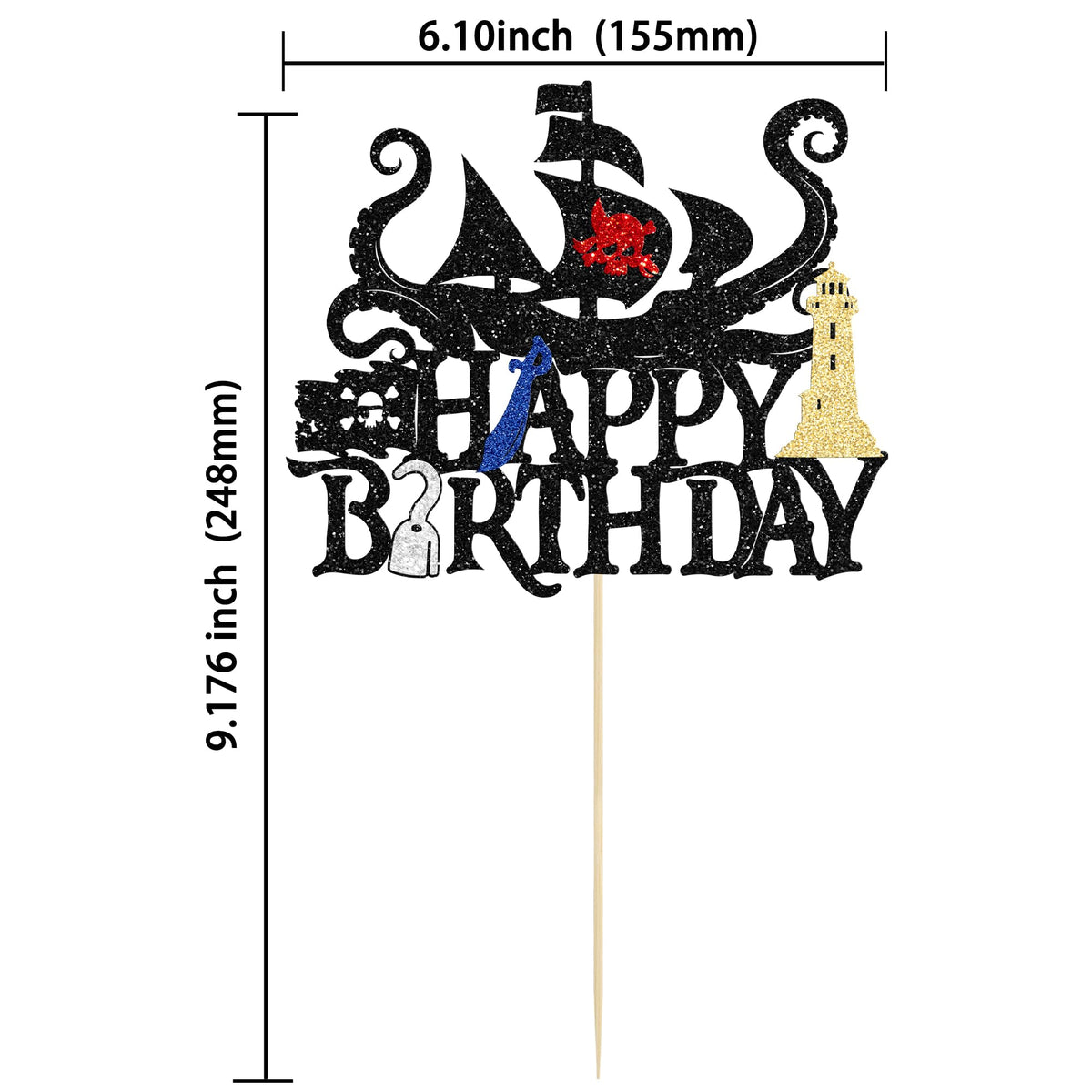 1Pcs Pirates Happy Birthday Cake Topper Pirate Ship Nautical Cake Pick for Pirates Theme Baby Shower Birthday Party Cake Decorations Supplies Gold (Gold 5)