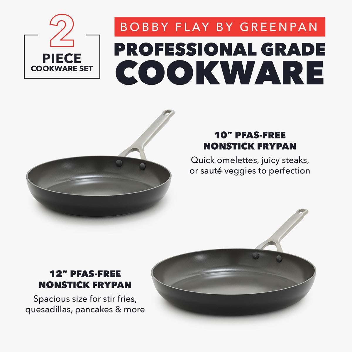 x Bobby Flay 10” & 12” Hard Anodized Ceramic Nonstick Frying Pan Set (2-Piece Frying Pan Set / Black)