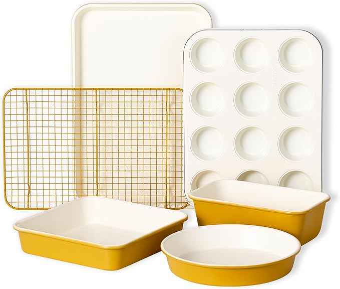 CAROTE 6-Piece Nonstick Ceramic Baking Pans Set - Bakeware Sets Including Cookie Sheets for Baking, Muffin Pan, Bread Pan, Cake pan, Loaf Pan, Cooling Rack, Mustard Yellow & Cream White