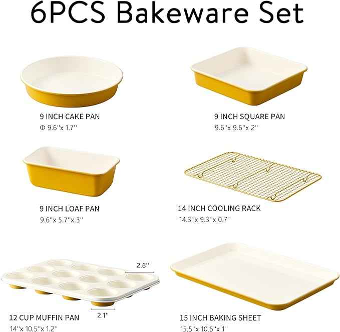 CAROTE 6-Piece Nonstick Ceramic Baking Pans Set - Bakeware Sets Including Cookie Sheets for Baking, Muffin Pan, Bread Pan, Cake pan, Loaf Pan, Cooling Rack, Mustard Yellow & Cream White